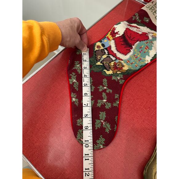 Vintage Christmas Stocking Wool Needlepoint Santa Tree Holiday Greetings - Picture 4 of 7